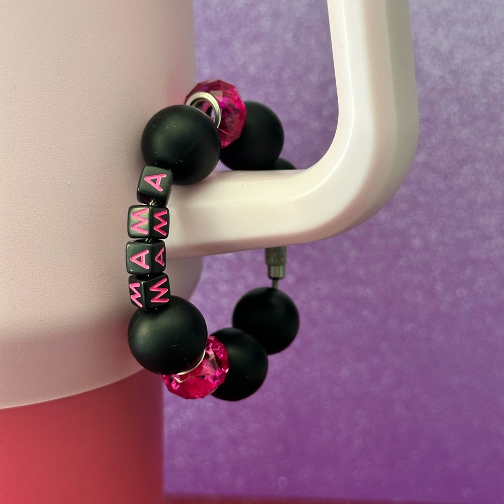 Black and Pink Mama Beaded Tumbler charm. Mother’s day gift
